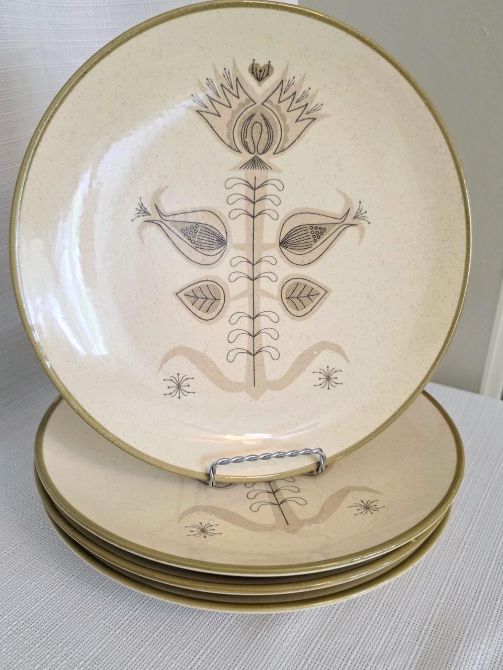 Vtg Franciscan Spice Dinner Plates 4 Set 10 1/2" Speckle Cream Stoneware MCM